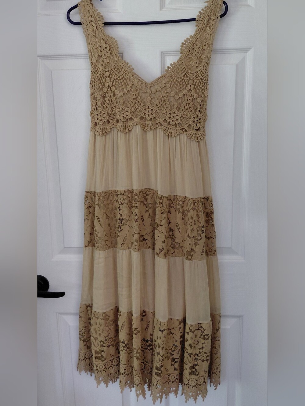 Bella Amore Beige Crochet Lace Tiered Midi Dress
